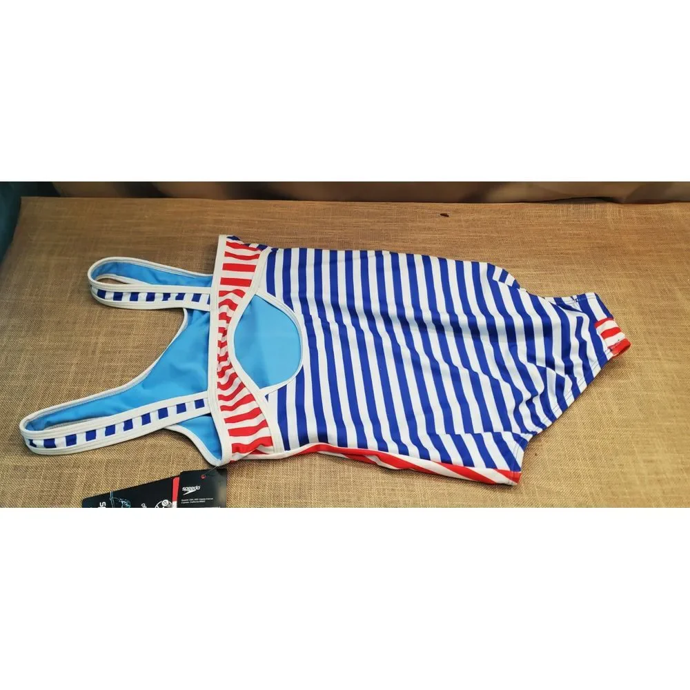 Speedo Girls' Striped Blocked 1 Piece Swimsuit Red White Blue SZ 14 NWT MSRP 42‎